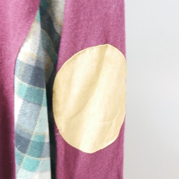 Entro Maroon with Green Plaid and Tan Elbow Patch Open Cardigan Medium - Picture 8 of 11